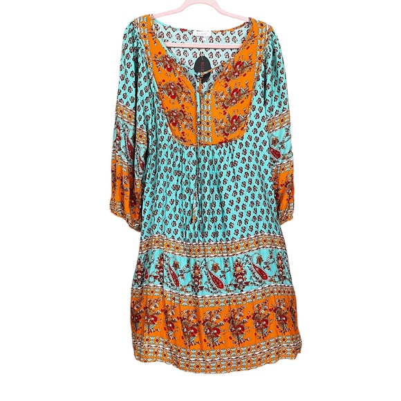 NWT Bluetime NeoMint Boho Floral Print V-Neck 3/4 Sleeve Babydoll Dress Size 2XL - Picture 1 of 9